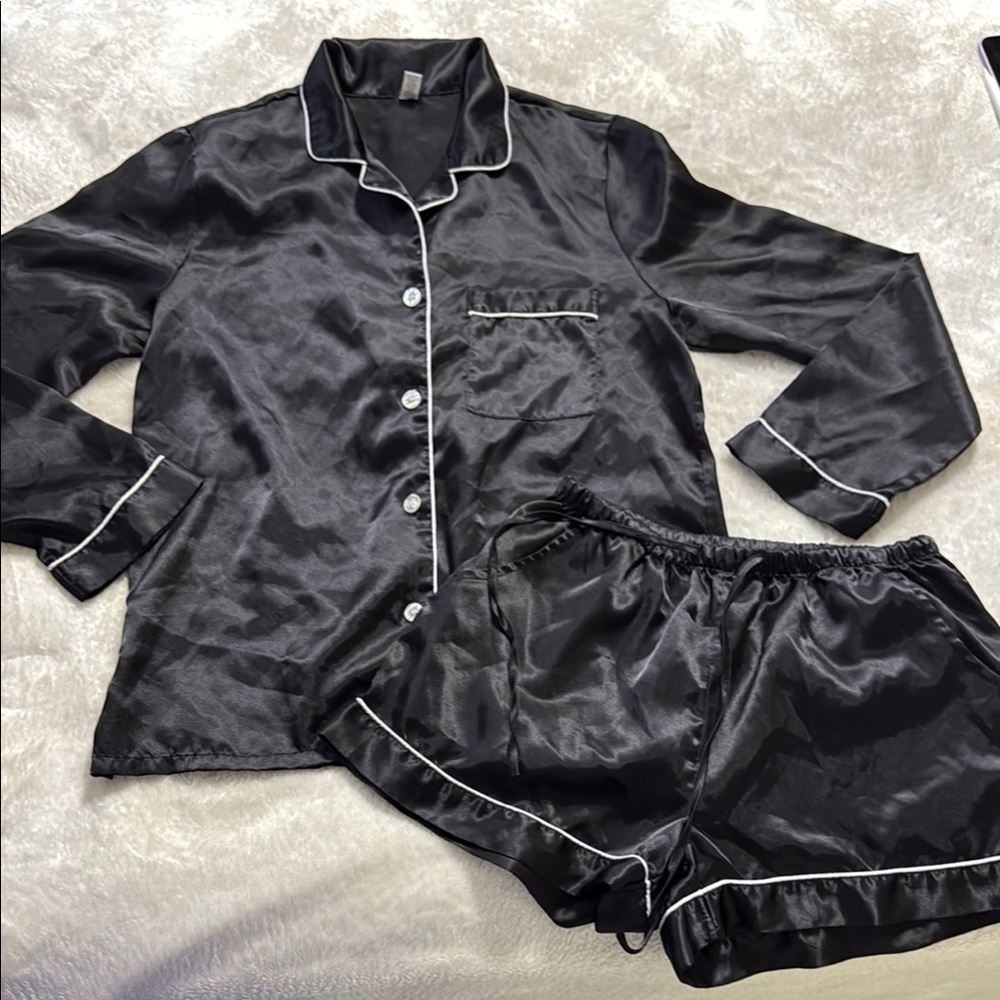 Fashion Nova Black Satin Pajama Set with White Piping